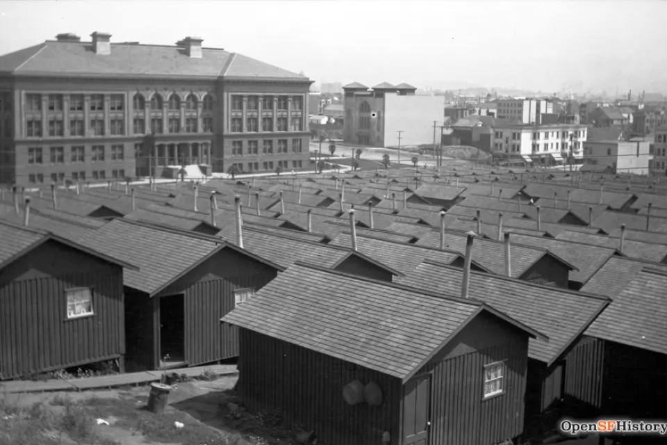 Black and white photos of camp made up of small 'earthquake shacks' in Dolores Park in 1906 after the San Francisco earthquake.